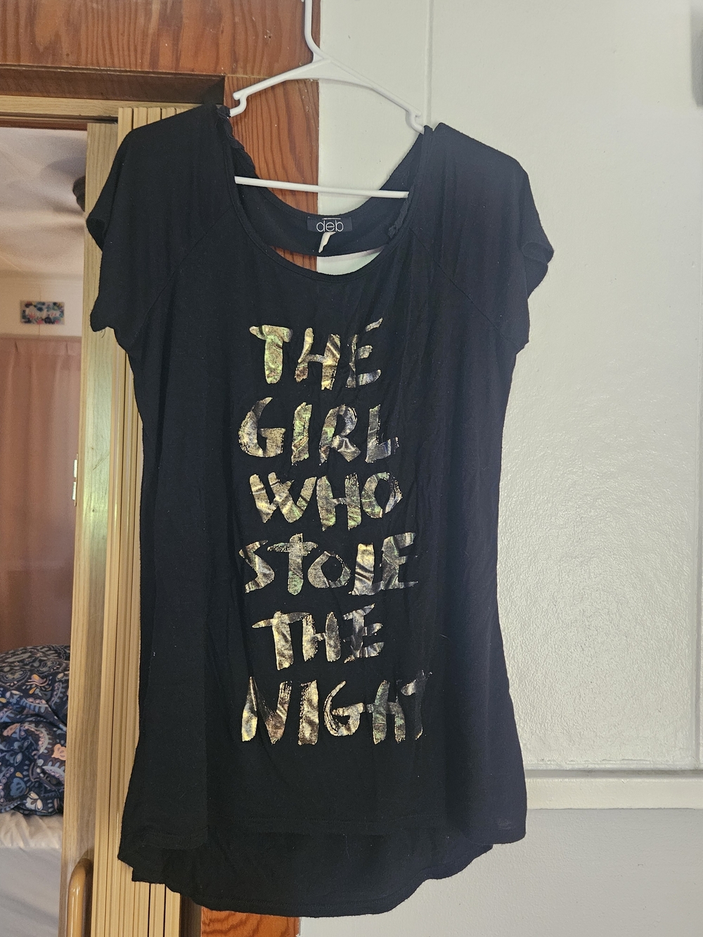 Deb Black Tee with Gold Foil Slogan